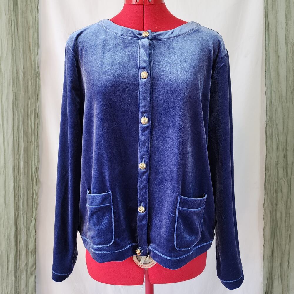 Talbots Petite Blue Velvet Gold Buttons Up Long Sleeve Stretch Blouse Size XL